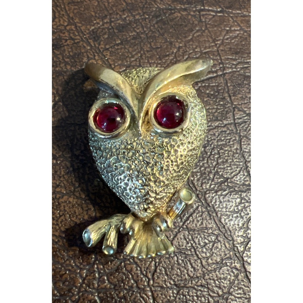 Owl Pin Brooch Red Jewel Eyes Vintage Paradise Gold Tone
